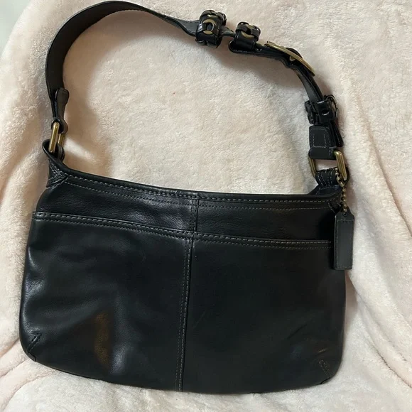 Coach Midnight Black Leather Shoulder Bag with Boho Brass Buckle - Picture 2 of 6